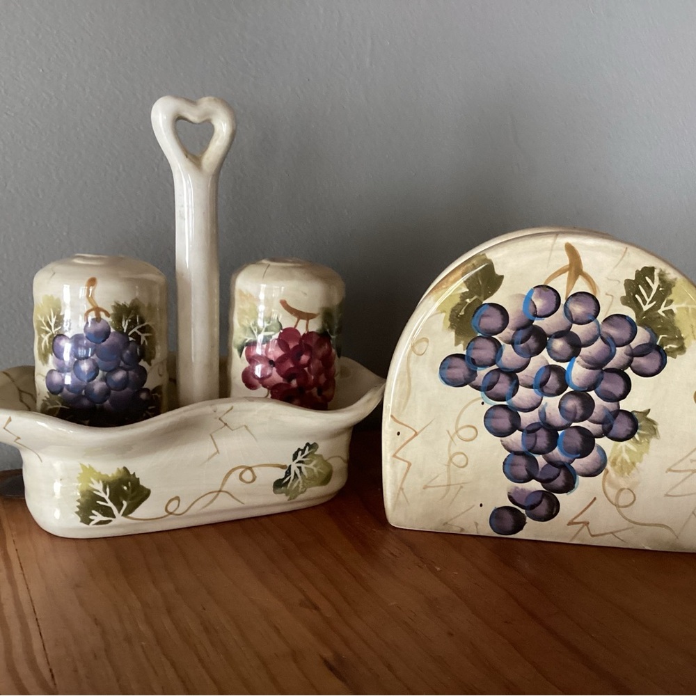 TUSCANY HAND PAINTED CABERNET NAPKIN HOLDER & SALT & PEPPER SHAKERS W/HOLDER
